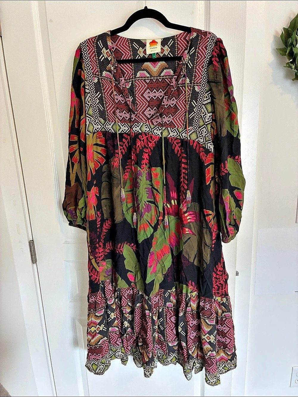 Farm Rio Geometric Midi Dress in Black & Pink Size Medium